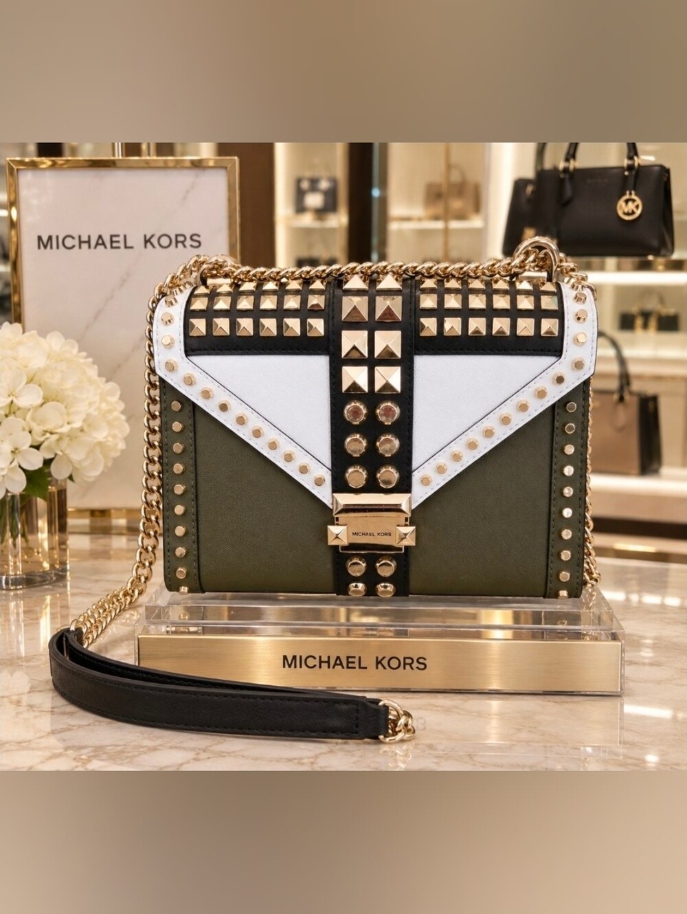 Michael Kors Whitney Olive White & Black Studded Chain Convertible Bag